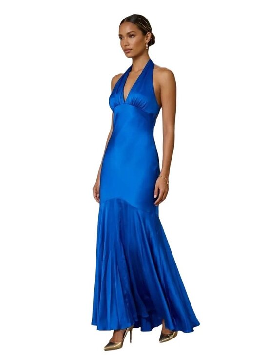 Cache Dresses & Skirts - VTG CACHE 100% Silk Halter Neck Formal Mermaid Dress Royal Blue Y2K SZ 6